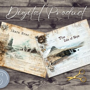 May include: Digital printable scrapbook paper featuring two vintage-style pages with images of Skara Brae and the Isle of Skye. The pages have a distressed, aged look with text and handwritten notes.
