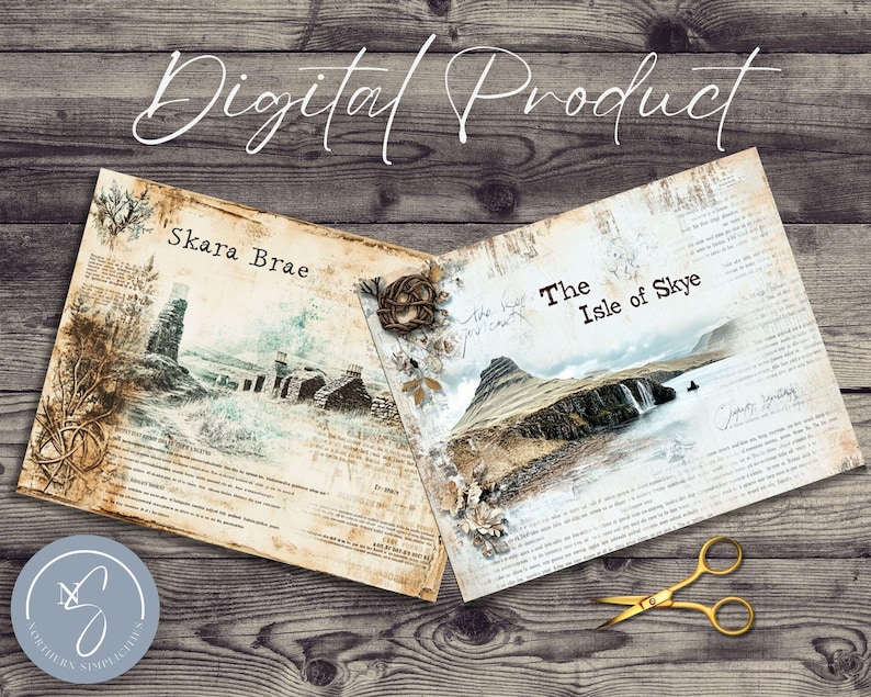 May include: Digital printable scrapbook paper featuring two vintage-style pages with images of Skara Brae and the Isle of Skye. The pages have a distressed, aged look with text and handwritten notes.