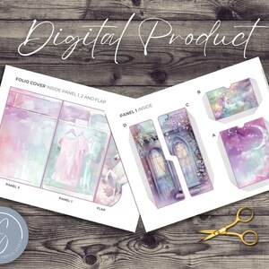 May include: Printable digital download for a scrapbook or journal. The design features a whimsical, pastel-colored castle with a moon and stars. The printable includes a folio cover, inside panels, and a flap.