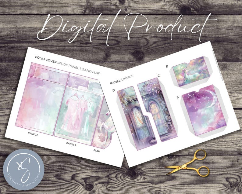 May include: Printable digital download for a scrapbook or journal. The design features a whimsical, pastel-colored castle with a moon and stars. The printable includes a folio cover, inside panels, and a flap.