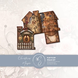May include: A Christmas-themed flip flop folio kit featuring a house-shaped design with a workshop entrance, a nutcracker, a ballerina, and the text "And So The Magic Begins". The kit includes seven US letter size pages in JPG and PDF formats.