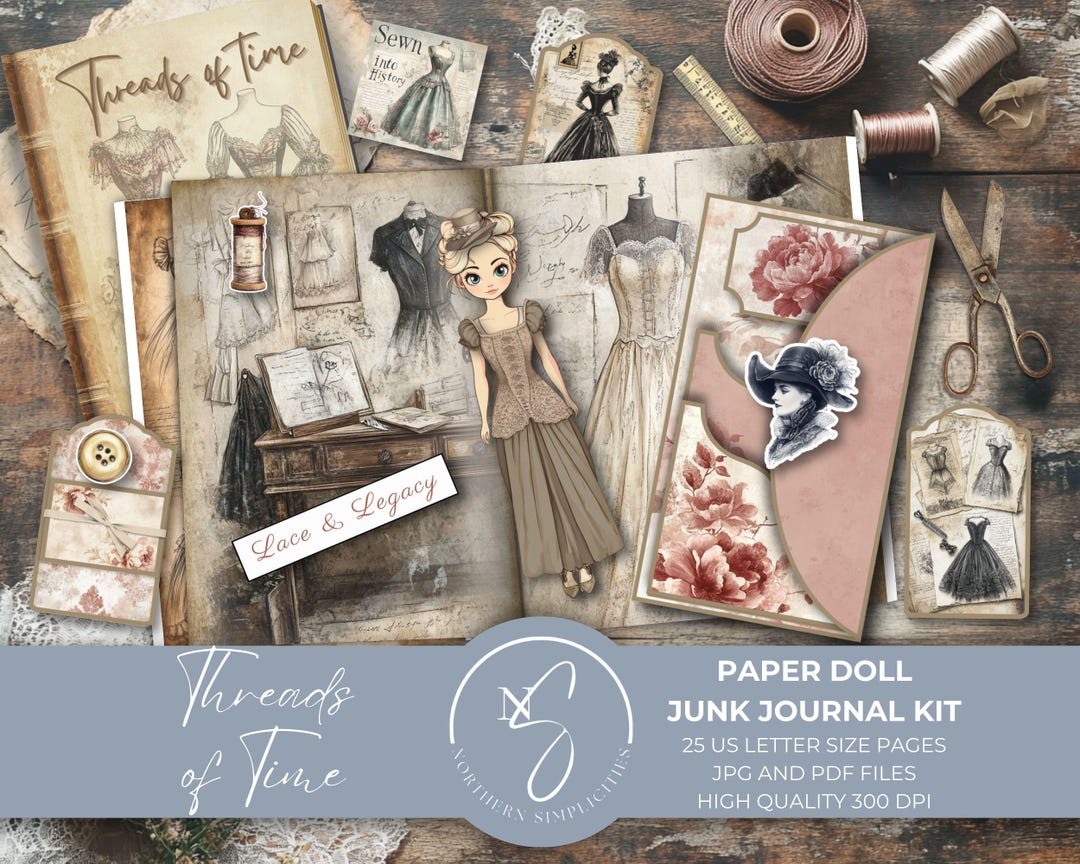 Threads of Time Paper Doll Junk Journal Ephemera Folio Kit, Vintage ...