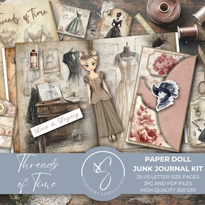 Threads of Time Paper Doll Junk Journal Ephemera Folio Kit, Vintage Victorian Collage, Retro Dressmaker Sewing Printable Sheet, 2025, T27