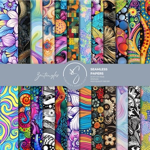 May include: A collection of seamless digital papers featuring diverse patterns including floral motifs, geometric grids, swirling lines, and abstract shapes in vibrant multi-colored palettes, with text reading Zentangles and Seamless Papers.