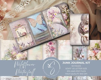 Wildflower Waterfall Junk Journal Folio Craft Kit met Ephemera, Digital Junk Journal Afdrukbare Waterfall Folio Templates, 2024