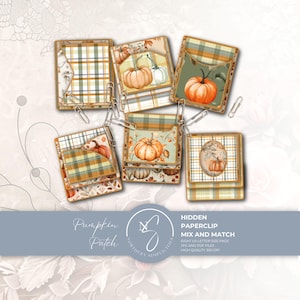 May include: A collection of six square papercraft pockets featuring autumn-themed designs with orange pumpkins, green and tan plaid patterns, and foliage illustrations. Each pocket is accented with a silver metal paperclip, and the set is labeled as Pumpkin Patch Hidden Paperclip Mix and Match with eight US letter size pages in JPG and PDF formats.