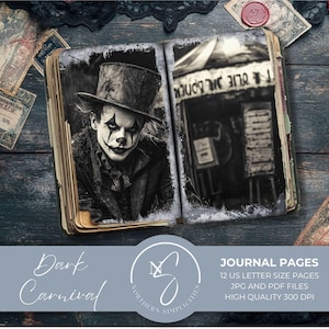 Páginas de diário de lixo de carnaval escuro com arte de carnaval de palhaço gótico escuro, circo vintage, páginas de terror, papel com tema escuro, 2025