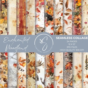 Pagine di album di ritagli senza soluzione di continuità Enchanted Woodland, kit di carte per diario spazzatura, animali della foresta, effimeri autunnali, stampabili, download digitale, 2024, E11