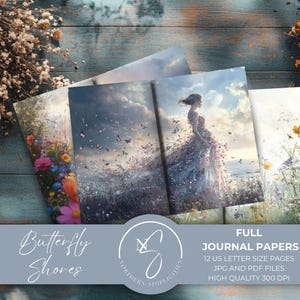 Butterfly Shores Journal Papers per Digi Junk Journal, Scrapbooking digitale, Kit di carta stampabile con fiori selvatici e sfondo marino, 2025