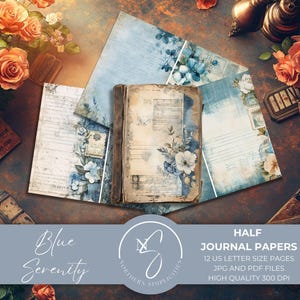 Blue Serenity Half Journal Papers met vintage ontwerpen, Shabby Chic-junkdagboek met bloemengrootboek, Franse ephemera, 2025, B21