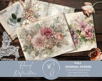 May include: A collection of digital journal papers featuring vintage dictionary pages overlaid with detailed botanical illustrations of pink dahlias, roses, and greenery, accompanied by white lace trim and a single peach rose.