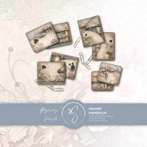 May include: A collection of printable paper ephemera featuring Regency-era illustrations of figures, bookshelves, and floral motifs, accompanied by silver metal paperclips. The text reads Regency Pride, Hidden Paperclip, Three US Letter Size Page.