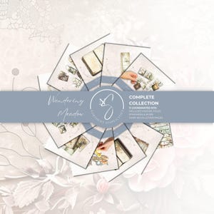 May include: A collection of 11 coordinated paper craft kits titled Wandering Meadow, featuring ephemera, folio components, and over 120 US letter pages. The set is presented in a circular fan arrangement with a central blue band containing text.