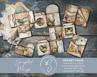 Scripted Wings Pocket Folio, Mini Vintage Pockets and Tag Inserts, Printable Ephemera for Junk Journal Supplie, Folio Kit Printable, 2025