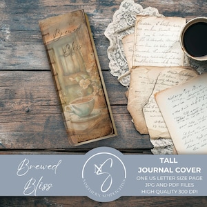 Brewed Bliss Tall Vintage junk-tijdschriftomslagen: antieke, lege en afdrukbare boekomslag, kortstondige koffie, digitale download, 2024, B5