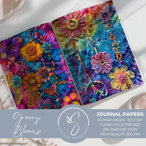 Páginas de diario basura de Groovy Blooms, suministros para álbumes de recortes hippies, teñido anudado, cuentas Love Beads, encaje y detalles florales, manualidades con efímeras vibrantes, 2024