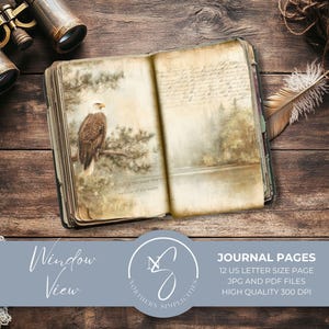Peut inclure: Un journal ouvert avec des pages de style vintage, illustrant un aigle et du texte manuscrit. Le journal est posé sur une surface en bois, avec une paire de jumelles antiques et une plume. La bannière bleue affiche "Window View" et "Journal Pages".