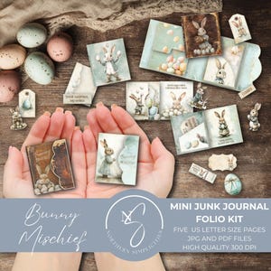 May include: A selection of Easter-themed mini junk journal folio kit elements. The kit includes illustrated pages, tags, and embellishments featuring bunnies and eggs. The text "Bunny Mischief" is displayed, along with the kit details.