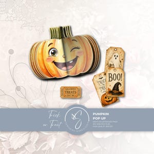 Può includere: Una decorazione a zucca in carta 3D con un volto sorridente, un biglietto rettangolare con la scritta HALLOWEEN TREATS ADMIT ONE e due etichette rettangolari con un fantasma, un cappello da strega, una zucca e il testo TRICK OR TREAT e BOO.