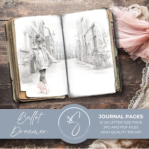 May include: An open journal featuring pencil sketches of a ballerina in a street scene. The journal pages have a worn, aged appearance, with the text "Ballet Dreamer" and "Journal Pages" at the bottom. Pink tulle fabric and lace trim are on a wooden surface.