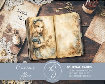Curious Alice Journal Pages vintage junk journal kit with alice in wonderland digital papers scrapbook printable download, 2025, C62