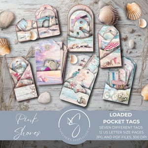Pink Shores - Tasche e etichette cariche per inserto Beach Junk Journal con kit buste cariche, tasche stampabili vintage a tema oceano, 2025, P34