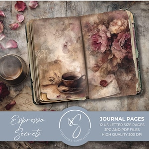 Espresso Secrets Journal Seiten enthalten Kaffee gebeiztes Papier, Vintage Junk Journal Kunst, Aquarell Scrapbook Digi Kit, E35, 2025