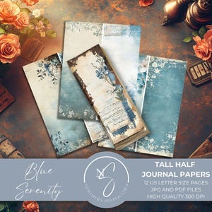 Papeles de diario Blue Serenity Tall Half Journal, páginas delgadas y vintage, diario basura floral, libro mayor, descarga digital, efímera francesa, 2025, B21