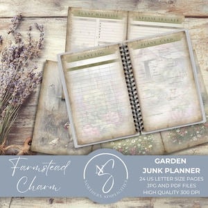 May include: A printable garden planner with a floral design. The planner includes pages for plant wishlists, expense tracking, plant logs, and plant cards. The planner is 24 pages long and is available in JPG and PDF formats.