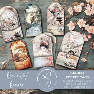 May include: Twelve printable pocket tags featuring an oriental theme with images of flowers, teapots, and a woman in a kimono. The tags are designed for use with a letter-sized paper and are high quality 300 DPI.