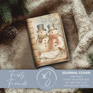 Frosty Friends dagboekomslag vintage ongewenste antieke afdrukbare kerst digitale oude harde sneeuwpop winter plakboek lege boekomslag, 2024, F15