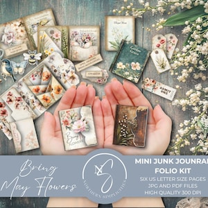 Bring May Flowers Mini Junk Journal Folio Kit with Mini Album and Miniature Book with Floral Ephemera, as a Printable Craft Kit, B32, 2025