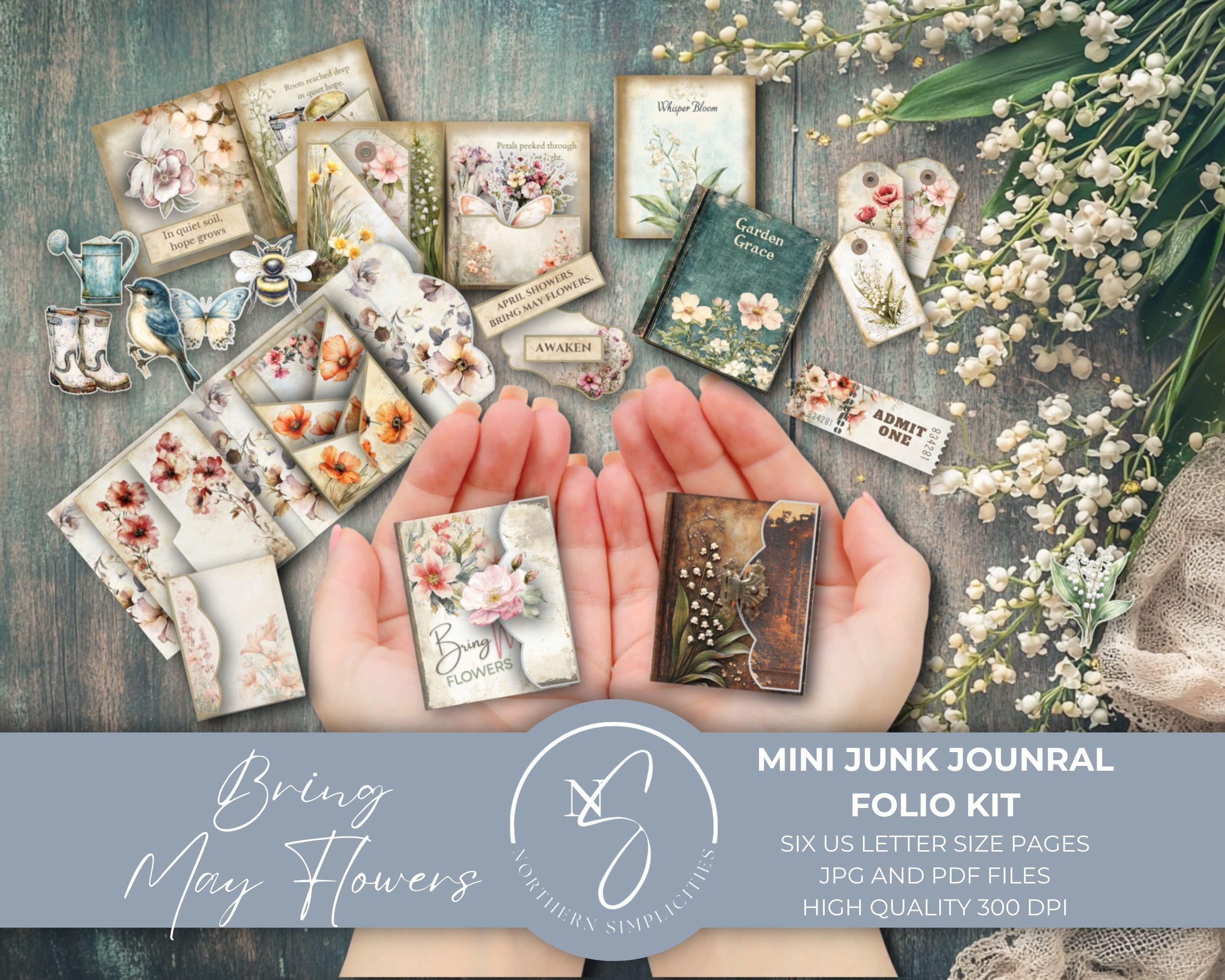 Bring May Flowers Mini Junk Journal Folio Kit with Mini Album and Miniature Book with Floral Ephemera, as a Printable Craft Kit, B32, 2025
