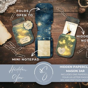 Op de afbeelding: Een paperclip in de vorm van een weckpot met een verborgen notitieblok en notitie. Het potontwerp toont gloeiende vuurvliegjes en de tekst "For quiet evenings". De afbeelding bevat paperclips, een label en de woorden "Hidden Glow" en "Hidden Paperclip Mason Jar".