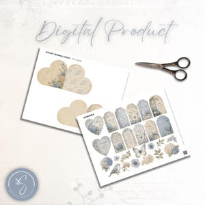 May include: A digital product sheet featuring printed pocket journal pages and ephemera with blue hydrangea, butterfly, and bird illustrations. The pages include text labels like POCKET JOURNAL PAGES - 3.75" WIDE and EPHEMERA, accompanied by metal scissors.