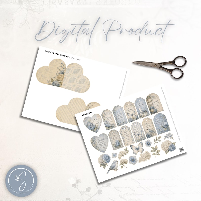 May include: A digital product sheet featuring printed pocket journal pages and ephemera with blue hydrangea, butterfly, and bird illustrations. The pages include text labels like POCKET JOURNAL PAGES - 3.75" WIDE and EPHEMERA, accompanied by metal scissors.