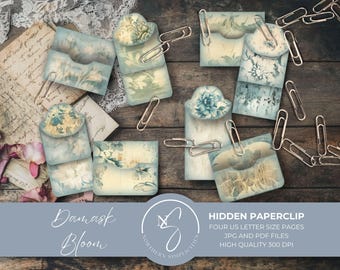 Damask Bloom Hidden Paperclip Pocket and Tags for junk journals vintage ephemera, also use as paperclip bookmark, printable paper, 2025, D29