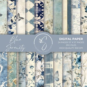 Blue Serenity Digital Seamless Papers voor vintage junktijdschriften, vlinders, bloemen, vogels, patronen van damast, plaid, botanisch, 2025, B21