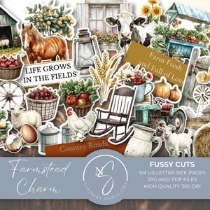 Farmstead Charm Fussy Cuts presenta disegni vintage bucolici, pagine di animali da fattoria, effimeri rustici e carta stampabile, 2025, F24