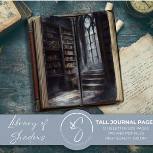 Library of Shadows Tall Journal Pages voor afdrukbare Dark Academia Junk Journals en Vintage Gothic Mystery Library Page, 2025, L28