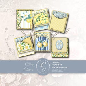 May include: A collection of six square papercraft cards featuring lemon and floral patterns in yellow, blue, and white. Each card includes a metal paperclip. Text reads: Citrus Charm, HIDDEN PAPERCLIP MIX AND MATCH, EIGHT US LETTER SIZE PAGE, JPG AND PDF FILES, HIGH QUALITY 300 DPI.