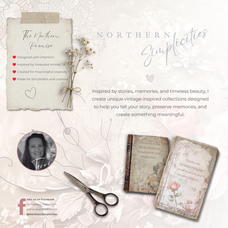 May include: A promotional graphic featuring a paper note titled The Northern Promise, a circular portrait of a person, a pair of metal scissors, and two rectangular cards with floral designs and text including Creativity is the bridge between imagination and inspiration.