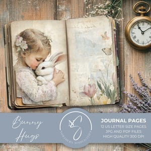 Bunny Hugs Journal Seiten Kaninchen Sammelalbum Digital Download Kit mit Oster Ephemera druckbares Papier Vintage Blatt und Blumen, 2025