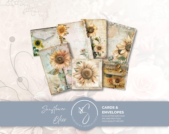 Sunflower Bliss Journal Cards & Envelopes, Vintage Botanical Collage Set, 2024, S8