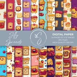 Silly Spreads Digital Papers z masłem orzechowym i galaretką, zabawne arkusze kolażu z kreskówek, cyfrowe papiery dla dzieci, bezszwowy wzór, 2025