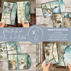 May include: Winterlude Mix & Match Mini Folio Kits, a set of 15 printable pages in a wintery theme. The pages are 11 x 8.5 inches and are available in JPG and PDF formats. The digital download includes high-quality 300 DPI files.