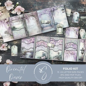 Kit Fólio Oriental Oasis com Kit Digital Junk Journal em Estilo Jardim Zen Japonês, com Padrões Orientais e Flores Roxas, 2025, O31