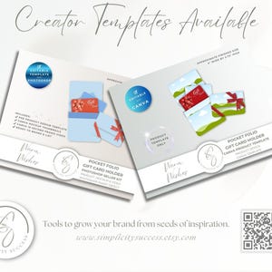 Puede incluir: Dos tarjetas blancas con el texto "Creator Templates Available" y "Pocket Folio Gift Card Holder". Una tarjeta presenta un c&iacute;rculo azul con "Editable Template Photoshop" y la otra con "Editable Canva". Las tarjetas muestran dise&ntilde;os de tarjetas de regalo.