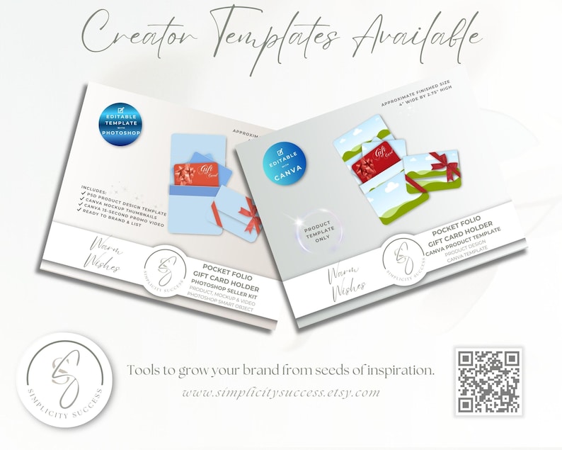 Puede incluir: Dos tarjetas blancas con el texto "Creator Templates Available" y "Pocket Folio Gift Card Holder". Una tarjeta presenta un c&iacute;rculo azul con "Editable Template Photoshop" y la otra con "Editable Canva". Las tarjetas muestran dise&ntilde;os de tarjetas de regalo.