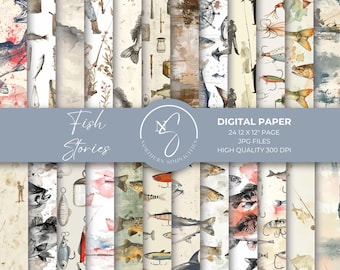 Fish Stories Digital Collage Scrapbook Paper, Fishing Junk Journal Digital Download, Vintage Ephemera Kit, Printable Pages Supply, 2024, F6
